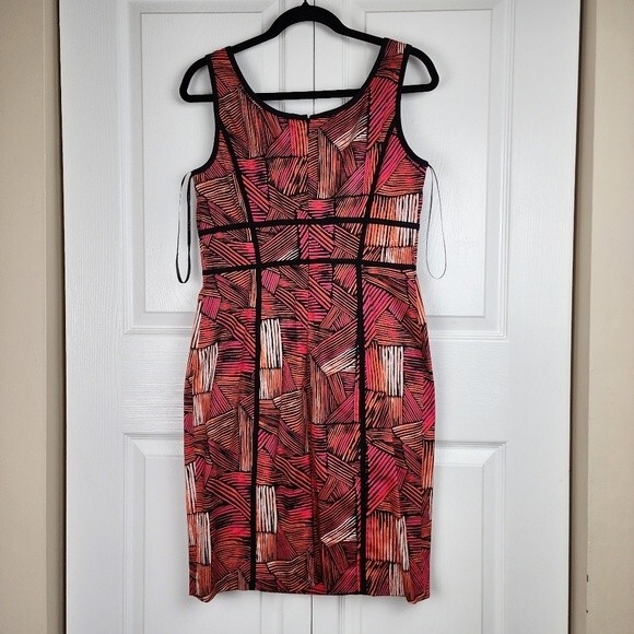 Calvin Klein Sheath Dress Cocktail Pencil Pink Orange Red Abstract Size 8 - Picture 3 of 16